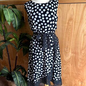 Polka Dot Navy Blue & White Ruffle Dress by Sandra Darren - Size 10
